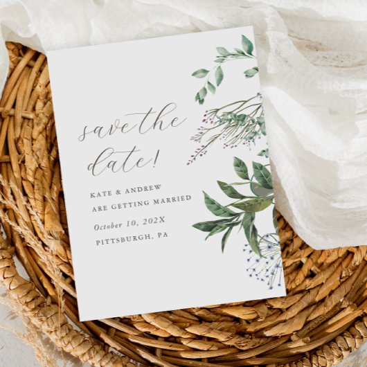 シンプルグリーンリー牧草地フォトウェディング日付を保存 ポストカード