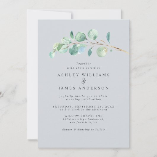 シンプルグリーンリー結婚ライトブルー 招待状 (正面)