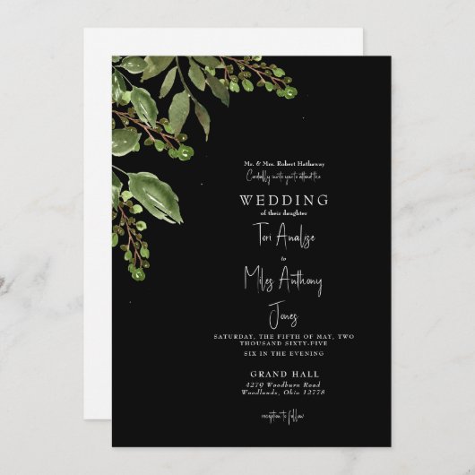 シンプルグリーンリーB/W 5 x 7結婚式招待状 招待状 (正面/裏面)