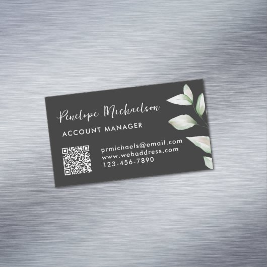 シンプルグリーンリーQRコードビジネスカードブラック マグネット名刺 (インサイチュ)