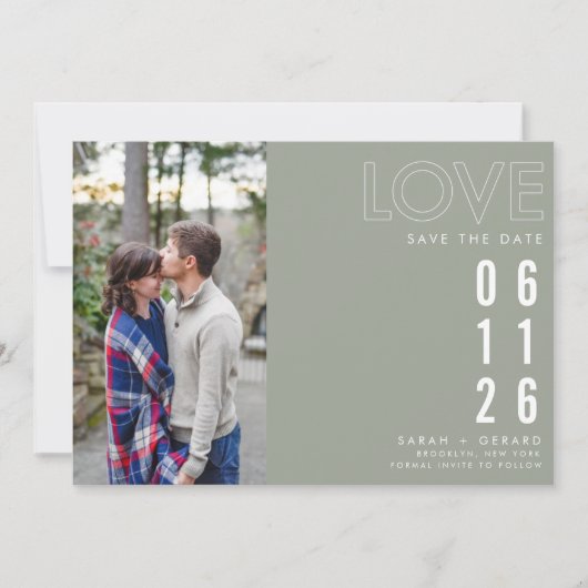 シンプルグリーン秋フォトラブウェディング日付を保存 案内状 (正面)