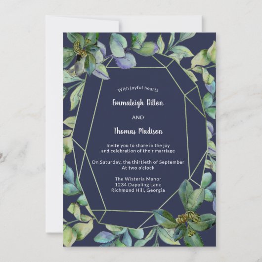 シンプルグリーン | ネイビージオメトリックウェディング 招待状 (正面)