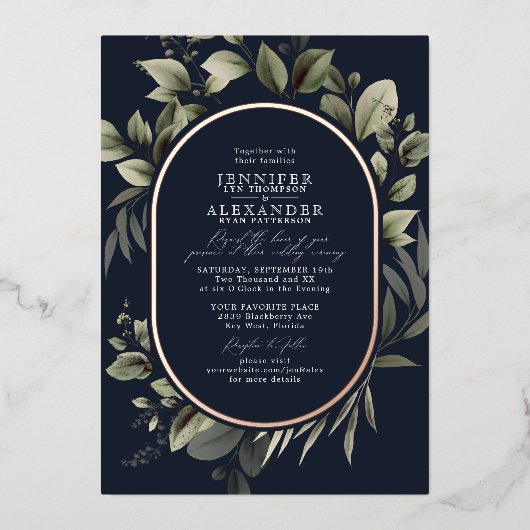 シンプルグリーン ユーカリ ネイビー ウェディング ローズ 箔招待状 (正面)