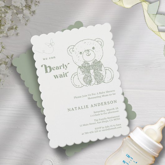シンプルグリーン bow We Can Bearly 待ってる ベイビーシャワー 招待状