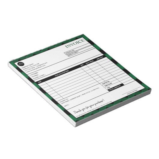 シンプルグリーンPLAID縁どビジネス請求書型枠 ノートパッド (アングル)