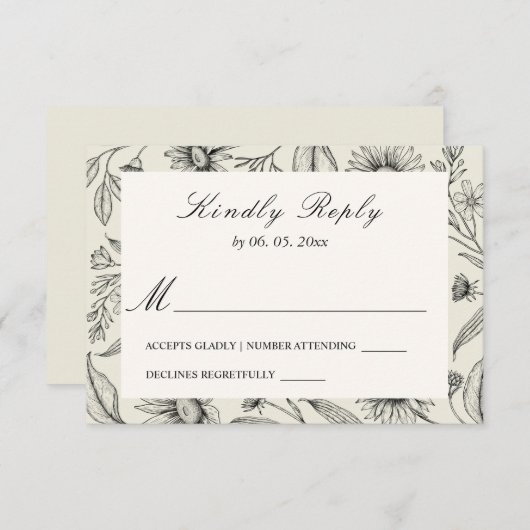 シンプルグレイブラックデイジーヴィンテージ結婚フローラ 出欠カード (正面/裏面)