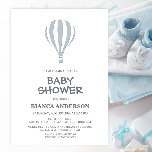 シンプルグレイ熱気球ベビーシャワー 招待状