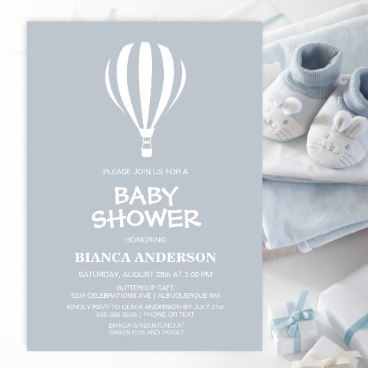 シンプルグレイ熱気球ベビーシャワー 招待状