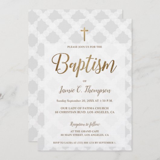 シンプルグレイ白丸金ゴールドバプテモダンィス 招待状 (正面/裏面)