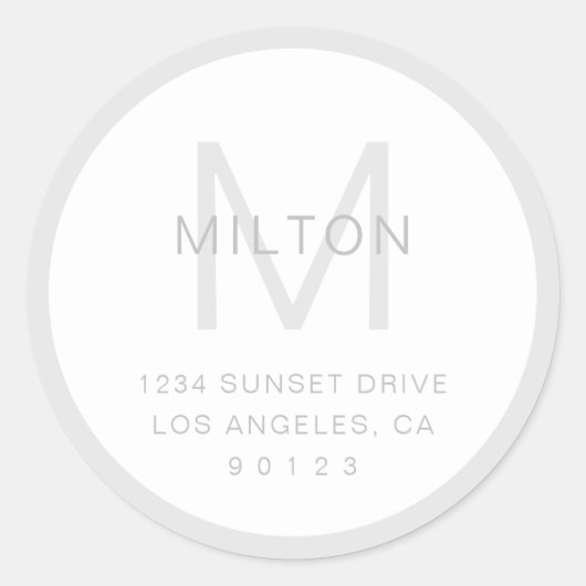 シンプルグレイ&ホワイトモノグラム&差出人住所 ラウンドシール (正面)
