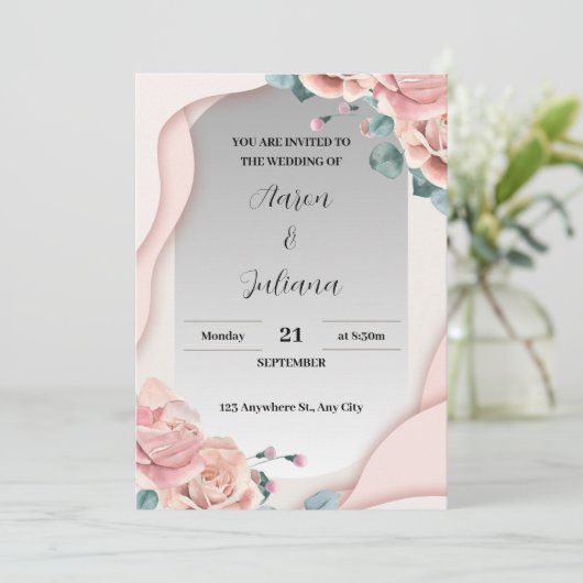 シンプルグレーとピンクの結婚式招待状 招待状 (スタンド正面)