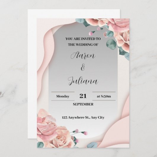 シンプルグレーとピンクの結婚式招待状 招待状 (正面/裏面)