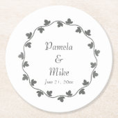 シンプルグレーアイビーリースモノグラム結婚ズ ラウンドペーパーコースター (正面)