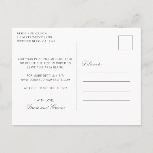 シンプルグレーエレガントな結婚式の日付を保存 案内ポストカード (裏面)