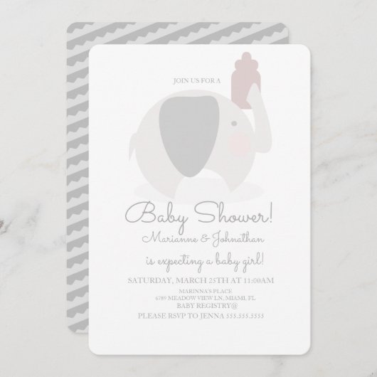 シンプルグレーエレファントサファリベイビーシャワー 招待状 (正面/裏面)