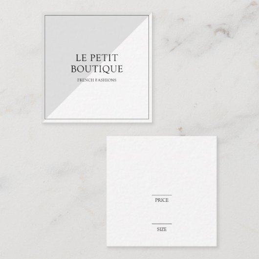 シンプルグレーホワイトファッション衣料品シック価格ラベル スクエア名刺 (正面/裏面)