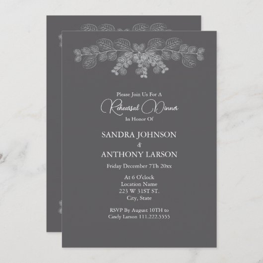 シンプルグレーラインアートユーカリリハーサル 招待状 (正面/裏面)