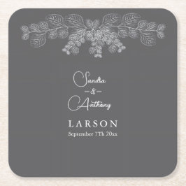 シンプルグレーラインアートユーカリ結婚ス スクエアペーパーコースター