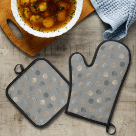 シンプルグレー&シルバー水玉模様モダン&エレガント 鍋つかみ&鍋敷きセット