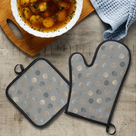 シンプルグレー&シルバー水玉模様モダン&エレガント 鍋つかみ&鍋敷きセット