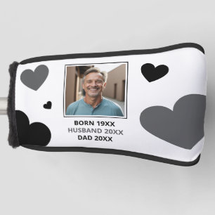 シンプルグレー&ブラックハート夫キープサケ写真 ゴルフヘッドカバー