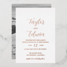 シンプルコンテンポラリーモダン写真結婚のバラ金ゴールド 箔招待状