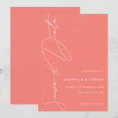 シンプルコーラルピンクモダン手書きスクリプト セーブザデート (正面/裏面)