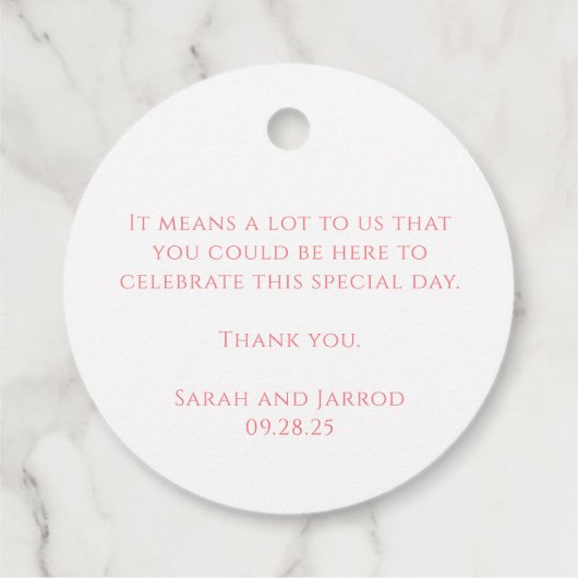 シンプルコーラルピンク結婚式の引き出物ラベル フェイバータグ (裏面)