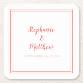 シンプルコーラルホワ結婚イトのミニマモダンリストパーティー スクエアペーパーコースター (正面)