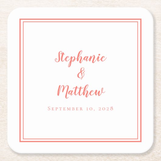 シンプルコーラルホワ結婚イトのミニマモダンリストパーティー スクエアペーパーコースター (正面)