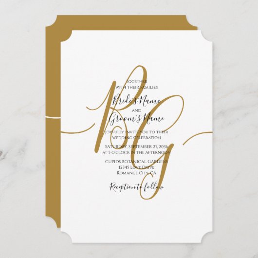 シンプルゴールデンエレガントイニシャル結婚式招待状 招待状 (正面/裏面)