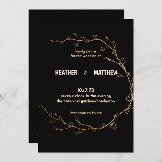 シンプルゴールデンリース結婚式招待状 招待状 (正面/裏面)