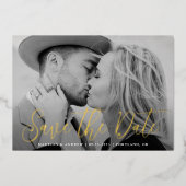 シンプルゴールドフォイルのスクリプト写真の保存日付 箔招待状 (正面)