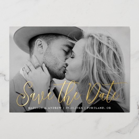 シンプルゴールドフォイルのスクリプト写真の保存日付 箔招待状 (正面)