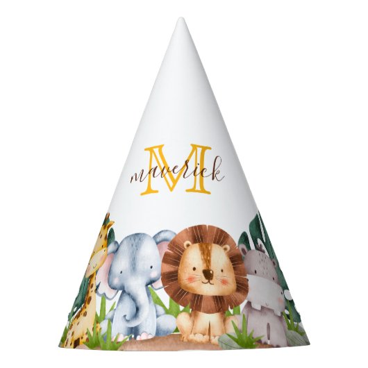 シンプルサファリジャングルモノグラム1歳 パーティーハット (正面)
