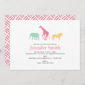 シンプルサファリ動物シルエットガールベビーシャワー 招待状 (正面/裏面)