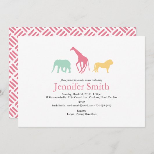 シンプルサファリ動物シルエットガールベビーシャワー 招待状 (正面/裏面)