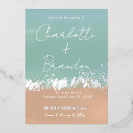 シンプルサマーシーサイドビーチ結婚式シルバー 箔招待状