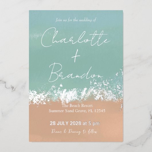 シンプルサマーシーサイドビーチ結婚式シルバー 箔招待状 (正面)