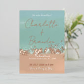 シンプルサマーシーサイドビーチ結婚式ロセゴールド 箔招待状 (立ち正面)