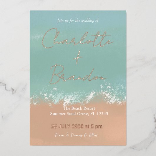 シンプルサマーシーサイドビーチ結婚式招待状 箔招待状 (正面)