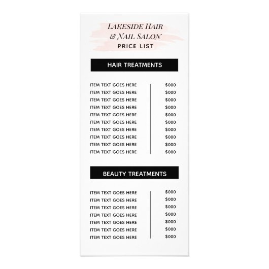 シンプルサロン水彩価格表一覧サービス ラックカード (正面)