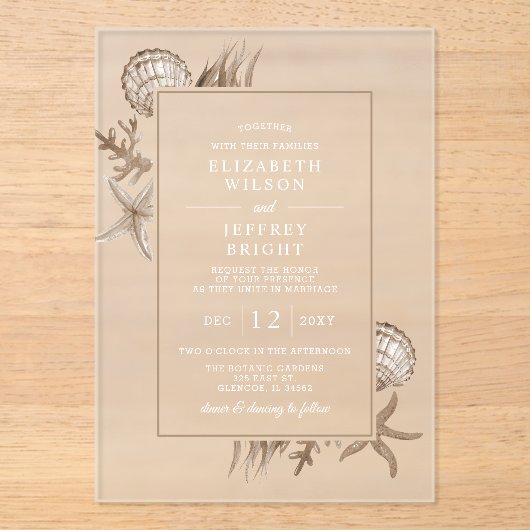 シンプルサンディシーシェルビーチ結婚式 アクリル招待状 (正面)
