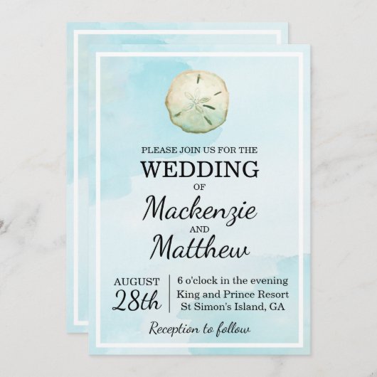 シンプルサンドドルビーチをテーマにした結婚式招待状 招待状 (正面/裏面)