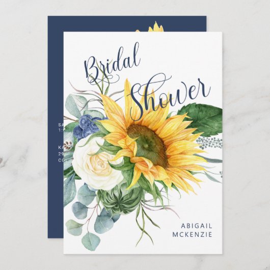 シンプルサンフラワーブーケネイビーブライダルシャワー 招待状 (正面/裏面)