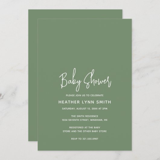 シンプルサージグリエレガントンモダンベビーシャワー 招待状 (正面/裏面)