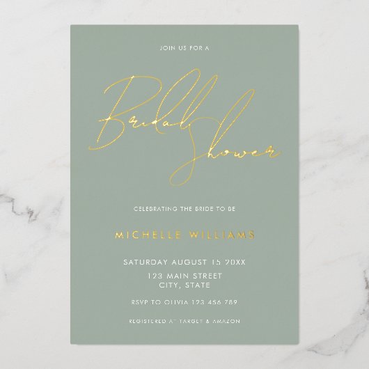 シンプルサージグリエレガントーンブライダルシャワー 箔招待状 (正面)