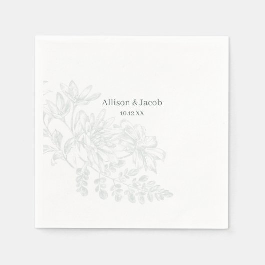 シンプルサージグリーンライン結婚スケッチ スタンダードカクテルナプキン (正面)