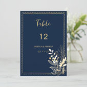 シンプルシックなネイビー青金ゴールドフローラテーブル番号 招待状 (スタンド正面)