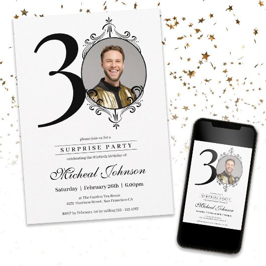 シンプルシックカスタムフォトサプライズ30th誕生日 招待状